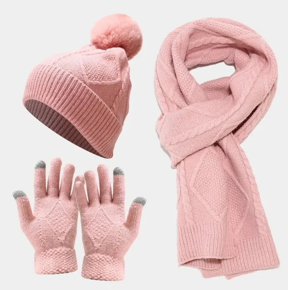 Conjunto de bufanda y guante de gorro de punto grueso de Invierno para mujer conjunto de bufanda de bola de lana resistente al frío y cálido conjunto de bufanda de punto personalizado
