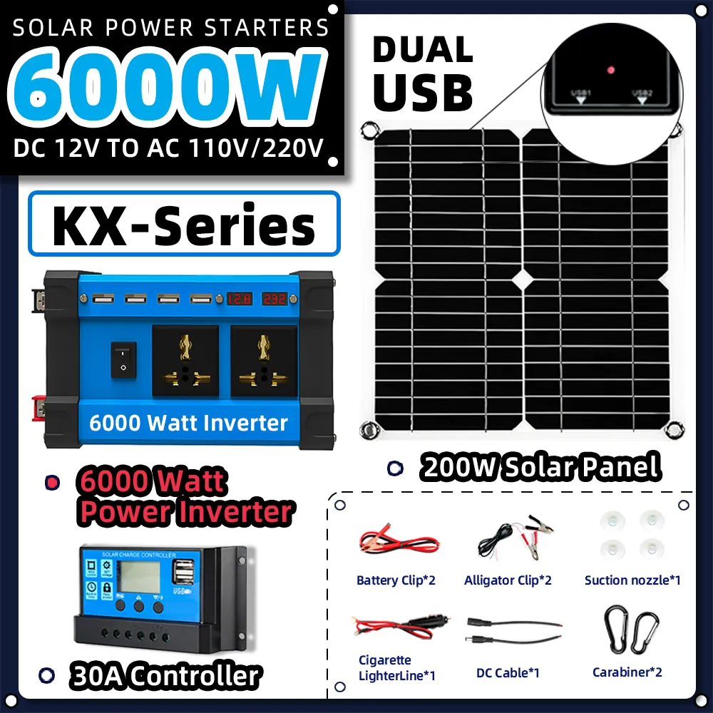 6000W năng lượng mặt trời hệ thống 6000W biến tần với 200W Bảng điều khiển 30A điều khiển Flex Kit phù hợp với xe 12V Thuốc lá nhẹ hơn và pin Clip