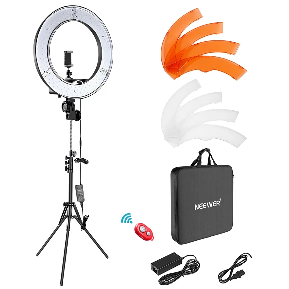 Neewer kit de luminária de led com anel, 18 polegadas, lâmpada para fotografias, anel, para youtube, maquiagem, estúdio, fotografia, anel, com suporte de luz