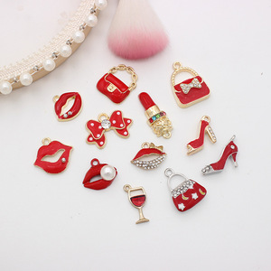 Bulk Oil Drip Enamel Rhinestone Pearl Bow High Heel Bag Lipstick Lips Charm Pendant for Personalize DIY Keychain Necklace Making