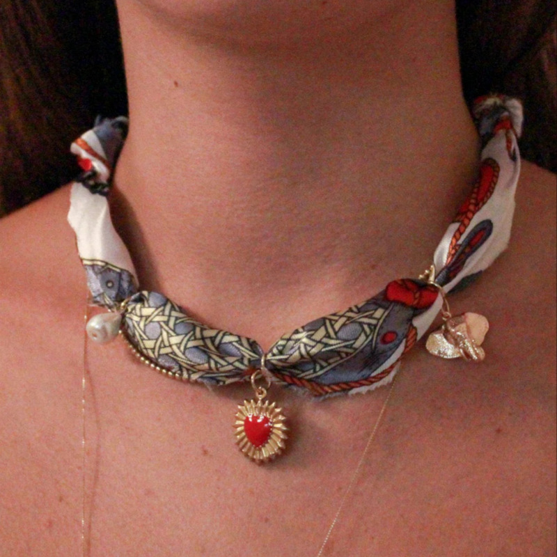 White gray silk scarf love necklace