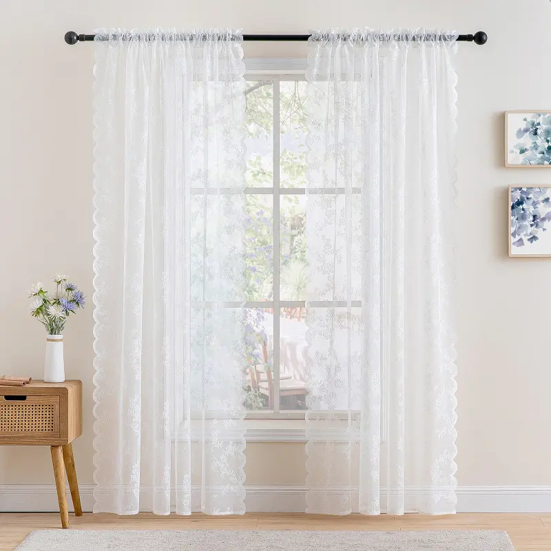 Ojal-cortina de encaje superior, cortina transparente de gasa de marfil, Panel de boda, lateral, ondulada, Blanca