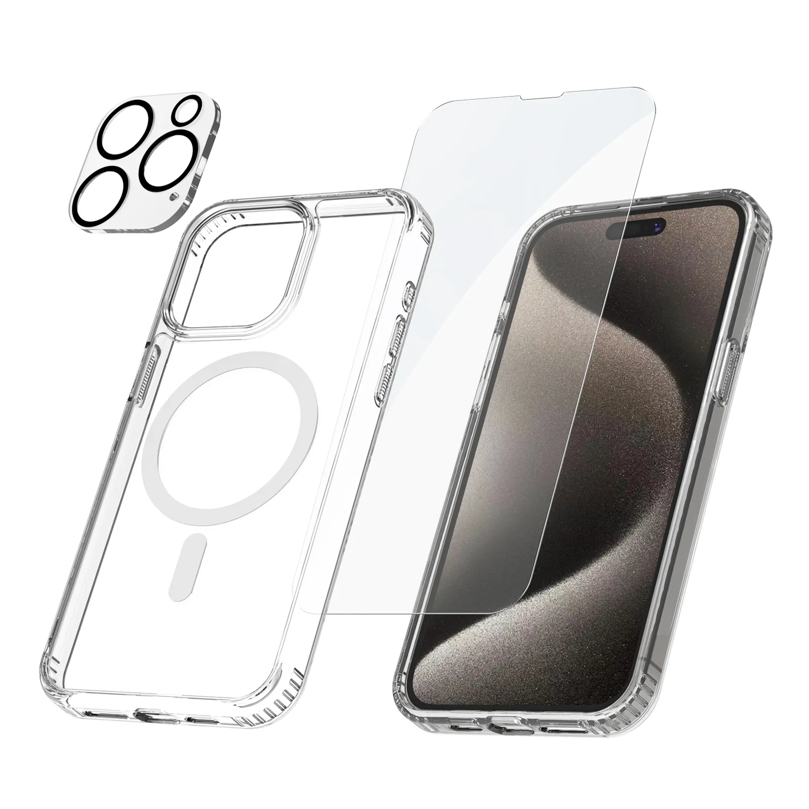 3 in 1 iPhone 15 Pro max 범퍼 마그네틱 두꺼운 케이스 및 화면 보호기