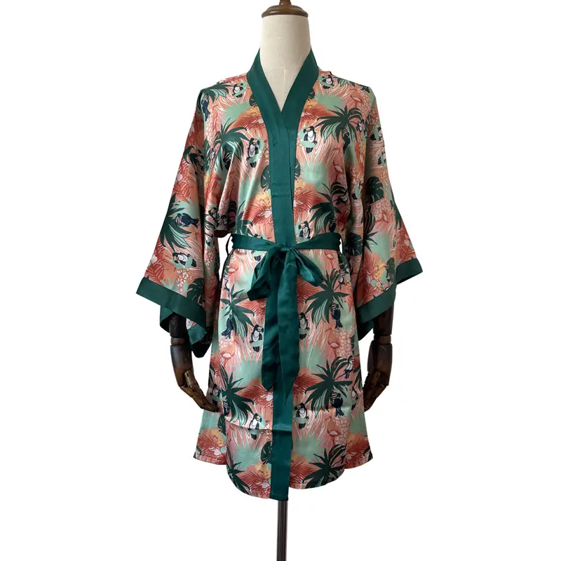 Seda luxo personalizado kimono roupão casa roupas personalizadas impressão seda kimono senhoras robe curto praia encobrir vestido à venda