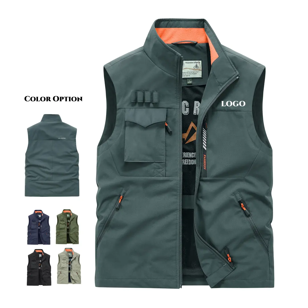 Nuovo stile personalizzato gilet da pesca Multi-tasche in rete con collo alto traspirante gilet da viaggio da tiro gilet da uomo