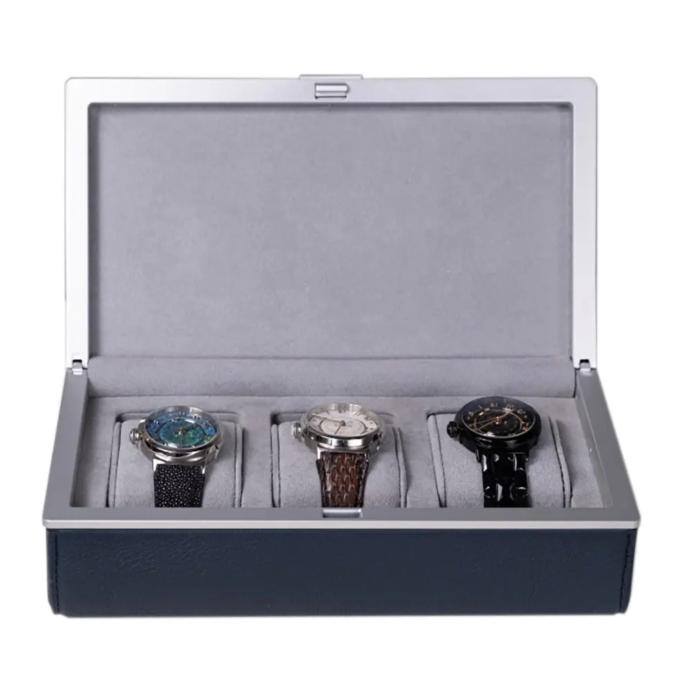 Usine OEM personnalisé Rectangle intérieur de luxe microfibre véritable extérieur véritable boîte de montre en cuir de haute qualité avec cadre en métal