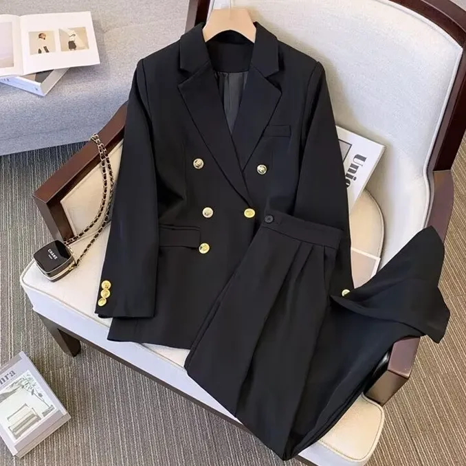 Conjunto de chaqueta de mujer Chaqueta de botón de manga larga + Conjunto de pantalones de pierna ancha larga Traje de dos piezas ajustado para mujer de oficina