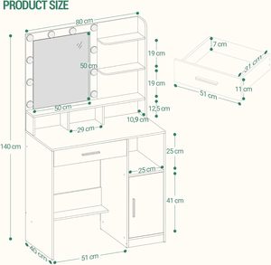 10 LED soyunma tablo ayna beyaz Vanity makyaj masası 3 raflar 4 açık bölmeler büyük çekmece dolap - Product Image 2