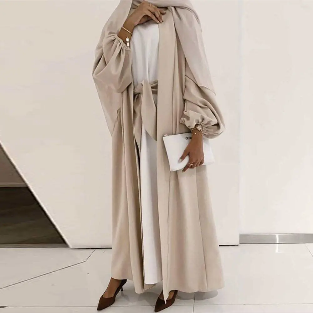 Midden-Oosten Dubai Populaire Effen Kleur Elastische Mouw Met Pocket Nida Moslim Cardigan Robe Abaya
