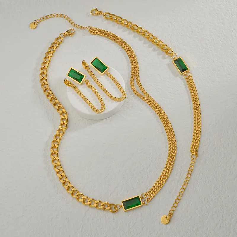 XL21156-Cadena de acero inoxidable chapada en oro para mujer, suéter cubano, dijes de cristal de Esmeralda, collar, pendientes, pulsera, conjuntos de joyería para mujer