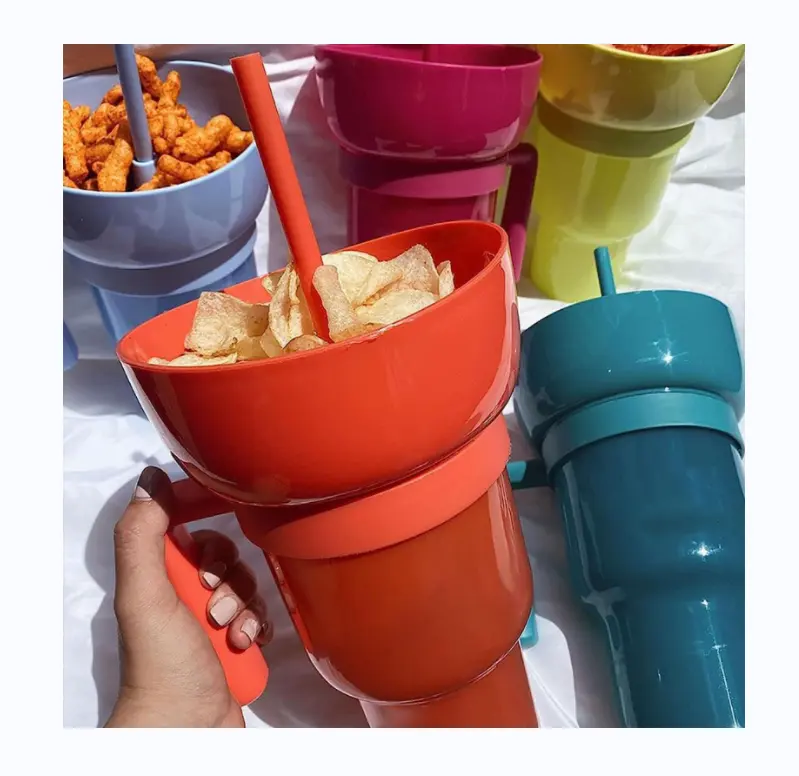 Neuer 32oz Tik Tok Pop Stadion Becher Herdhalter Kunststoff Snack- und Trinkbecher mit Popcorn Chips Cola Becher Snack Tray Schüssel Strohhalm