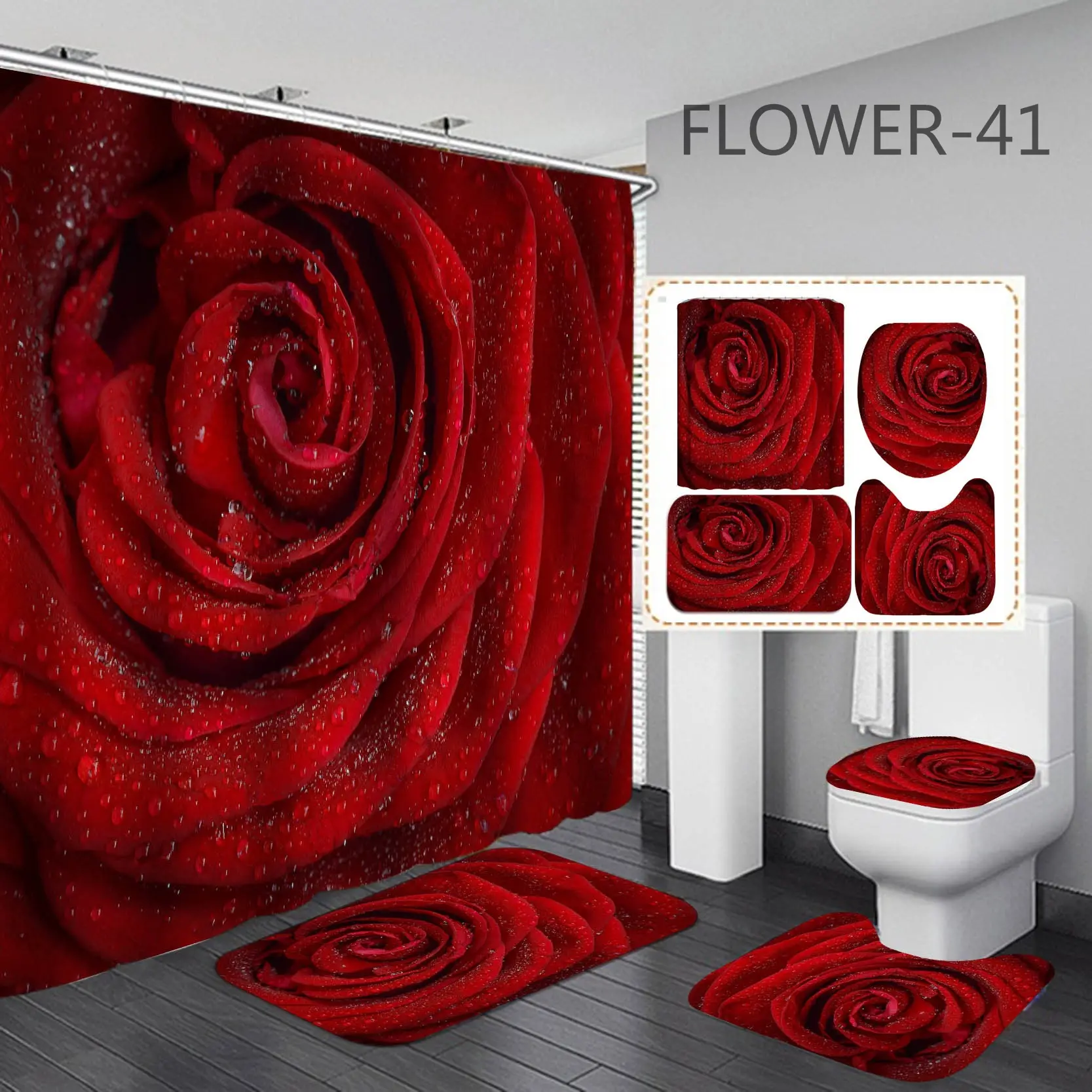 T1883 Waterproof Polyester Digital Print Bathroom shower curtains Anti-slip Bath Mat Set Toilet Rugs Carpet Home Decor