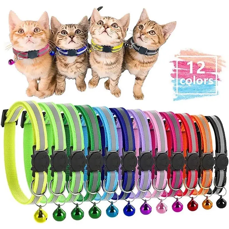 Collar con campana para gato y gato, Collar ajustable de nailon, anillo de seguridad, correa para el cuello