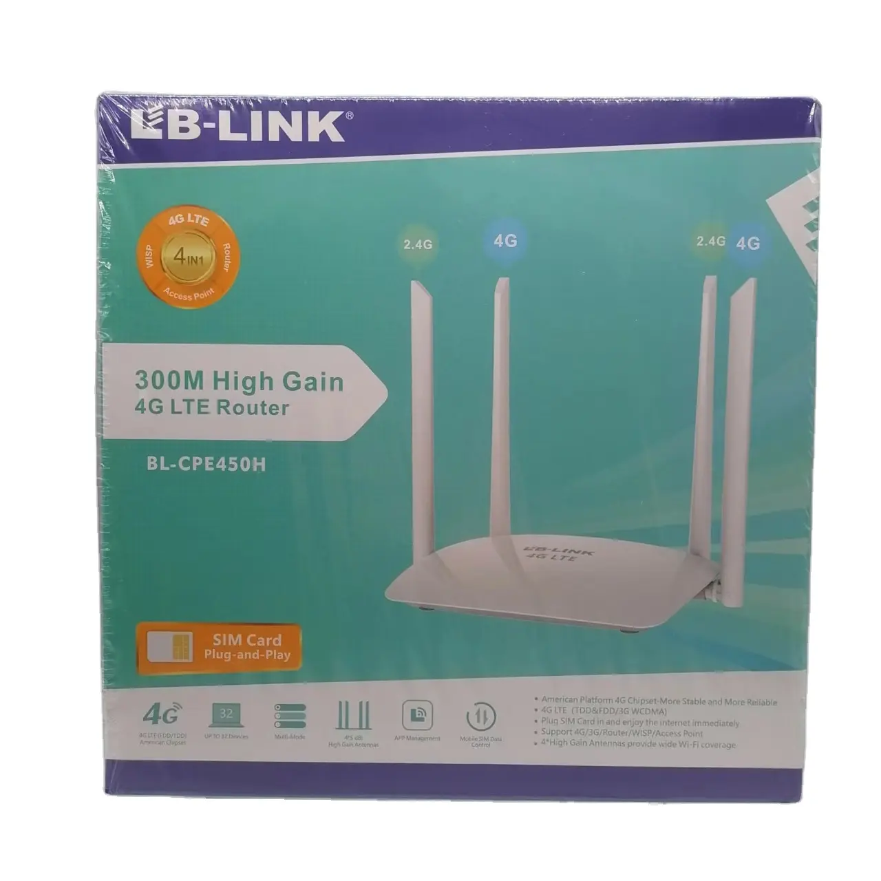 LBLINKワイヤレスWifiモデムルーター300mbps LB-LINK BL-CPE450H 300Mbps、4アンテナ4GLTEルーター、SIMカード付き