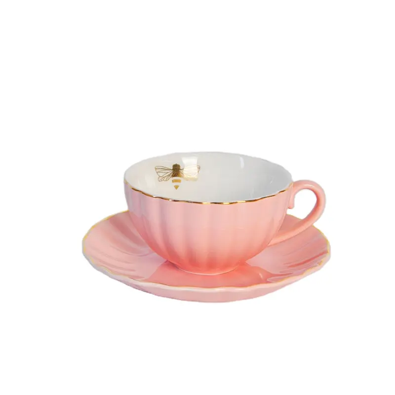 Elegant Gold Edge Fine Bone China Europe Turkish Party Pink Color Vintage China Ceramic Porcelain Coffee Tea Cup And Saucer Set