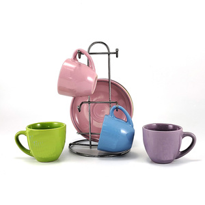 <strong>Small</strong> Ceramic Coffee Mugs <strong>Set</strong> <strong>of</strong> <strong>4</strong> with Metal Stand Rack 100 ml 3.5 oz Tea <strong>Cups</strong> and Saucers <strong>Set</strong> - Product Image 1