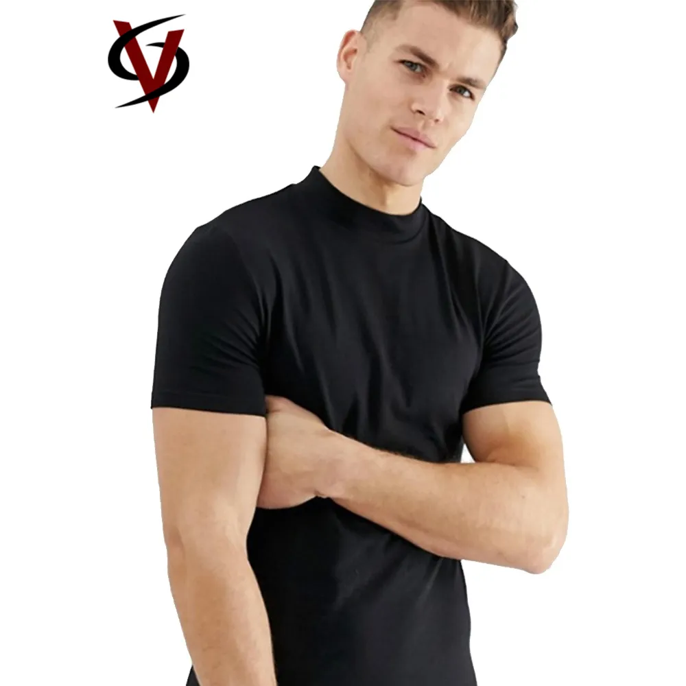 Toptan Slim Fit % 96% pamuk 4% elastan boş T shirt OEM etiket kas Fit Mock boyun erkek t-shirtü