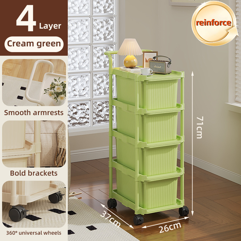 Light green 4-drawer cart with storage and omnidirectional wheels