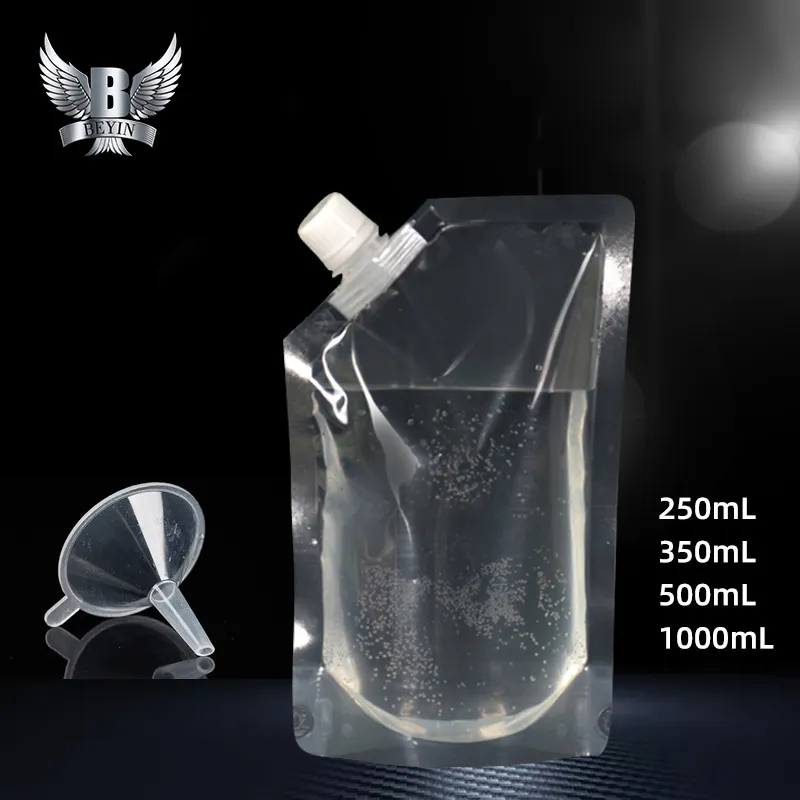 Sac d'emballage réutilisable, en plastique transparent, 250ml, 350ml, 500ml, 1l, pour jus de fruit, boisson douce, pochette à bec biodégradables