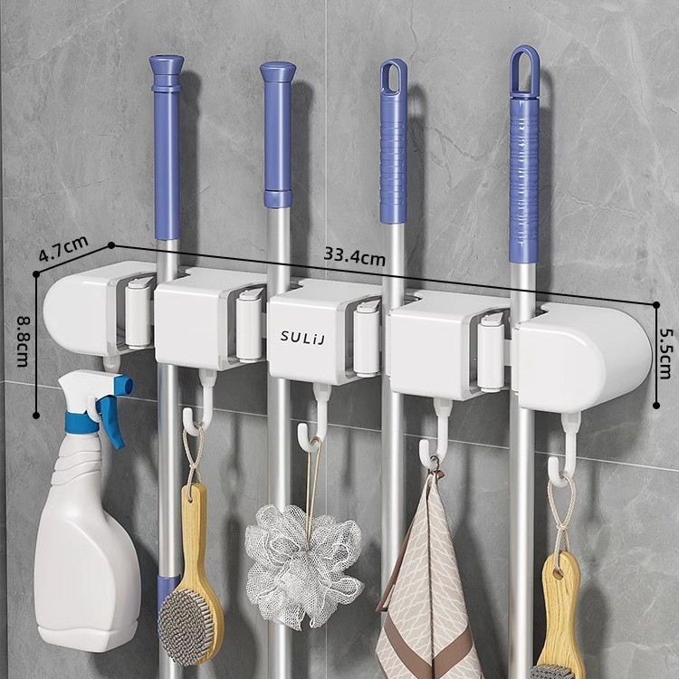 Adhesive Mop Holder - Ivory White - 4 Clips, 5 Hooks