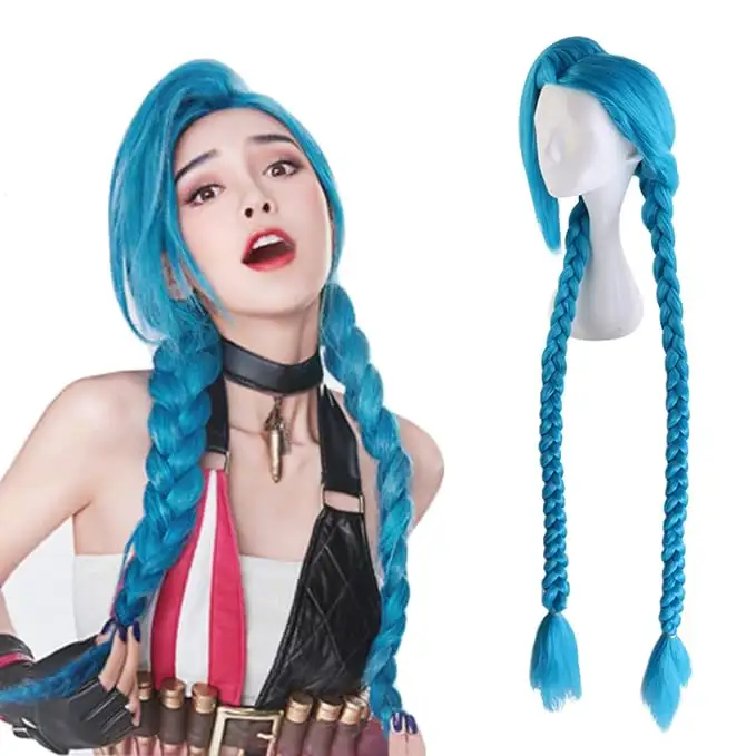 Super longa peruca trançada azul com Franja Mulheres Anime Jogo Cosplay Traje cabelo sintético