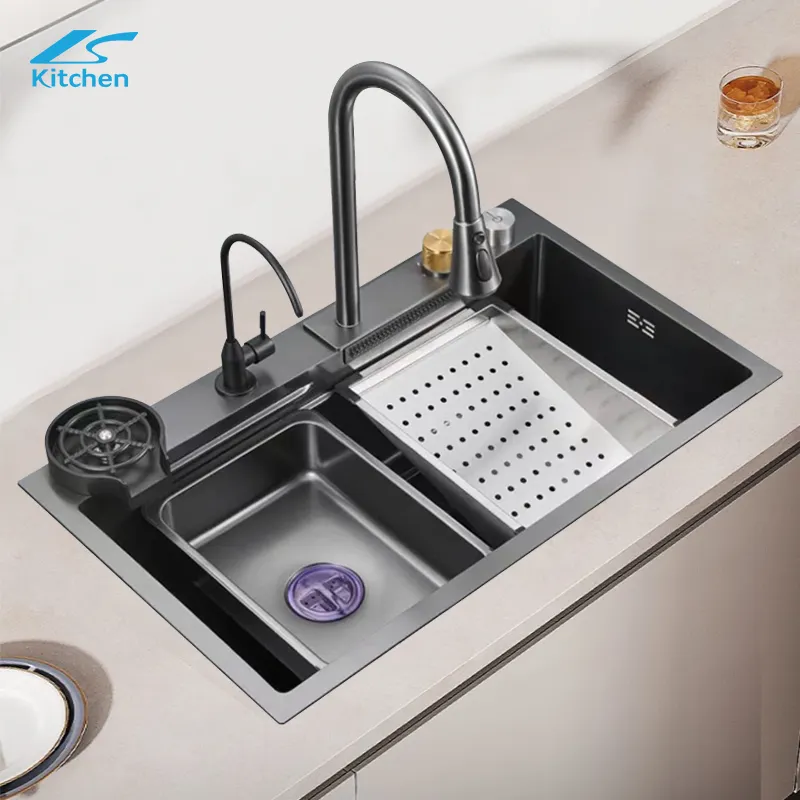 Multi-functional 201/304 Stainless Steel Piano Key Honeycomb Technology Mermaid Kitchen Sink With Waterfall Faucet