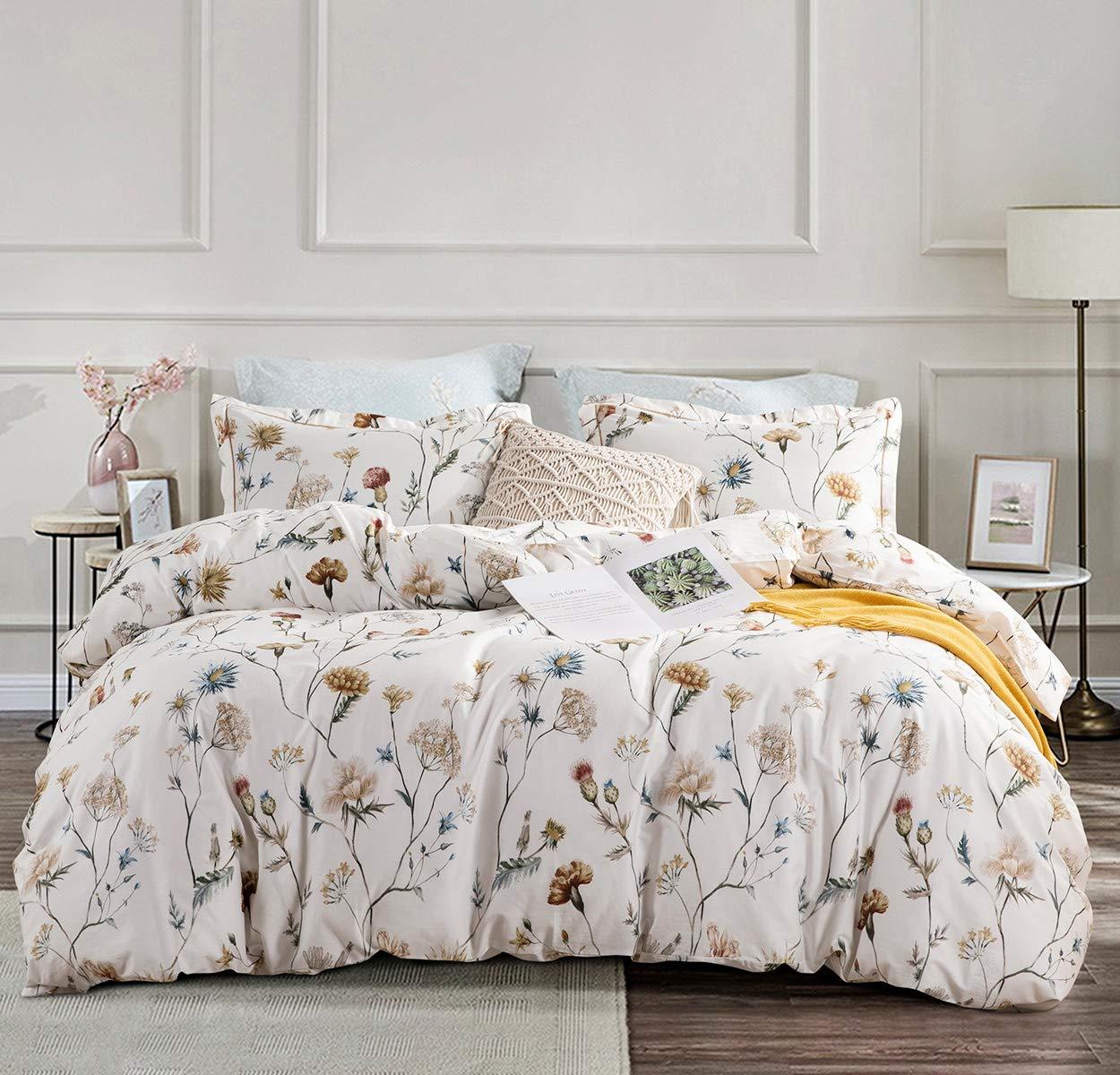 White Printed with Blue & Blush Flowers
