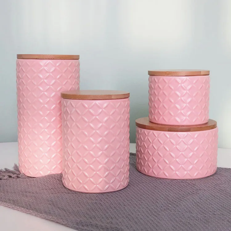 Towin pote selado de vidro rosa, recipiente de porcelana com tampa de madeira