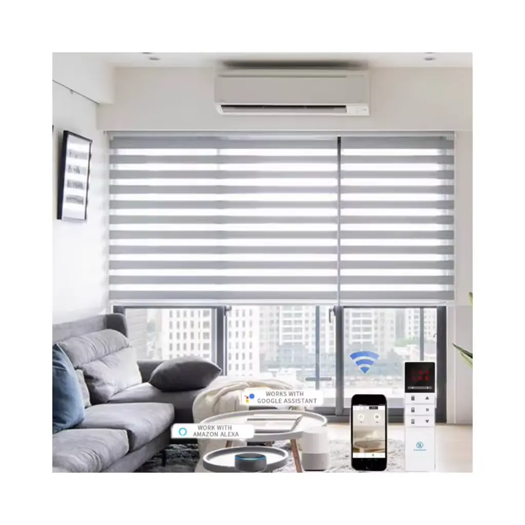 electric curtains double layer room darkening Horizontal indoor wifi automatic smart motorized Zebra Blinds for window