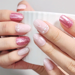 เครื่องประดับแบบสั้นที่ทำด้วยมือกดบนเล็บรูปไข่สำหรับสาวๆ3D ความงาม faux ongles de Luxe กากเพชรสีชมพูติดบนเล็บเคล็ดลับ C โค้ง - Product Image 3