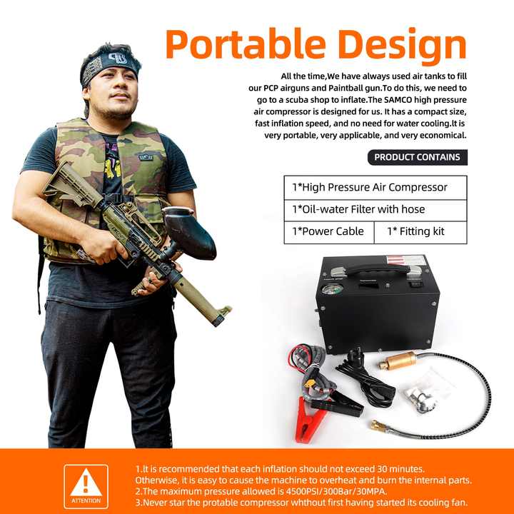 PCP Air Compressor with Built-in Power Adapter Auto-shutoff Oil &Water-Free 4500Psi/30Mpa Air Gun and Paintball Compressor Pump