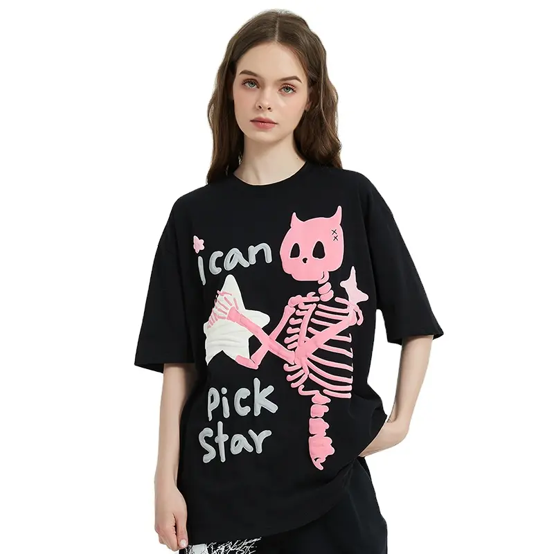 Fabbricazione nuova estate Hip Hop Unisex oversize Street Devil Horn Skull Skeleton Stars divertente t-shirt con stampa grafica per donna