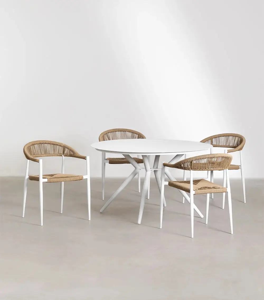 Juego de mesa y silla de restaurante blanco minimalista, mesas de comedor redondas de metal con sillas de mimbre para café, hotel, uso al aire libre