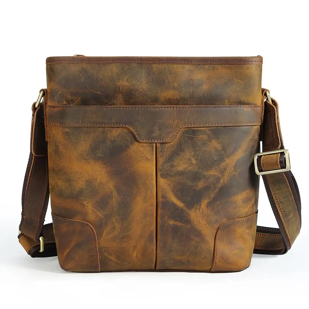 Tijding Hot Koop Custom Vintage Retro Mannen Echt Lederen Crossbody Tas Crazy Horse Lederen Messenger Schoudertas Schooltas