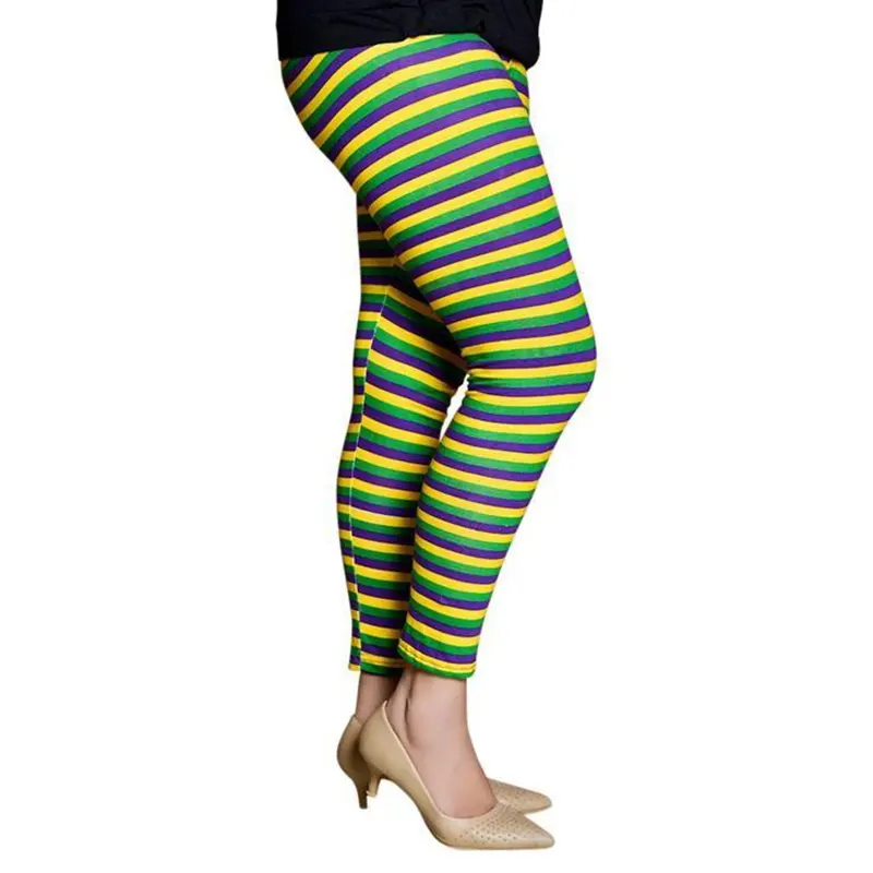 เลกกิ้ง Mardi Gras ของผู้หญิง,กางเกงรัดรูปลายทางสีเขียวม่วงทองผ้าไหมนม