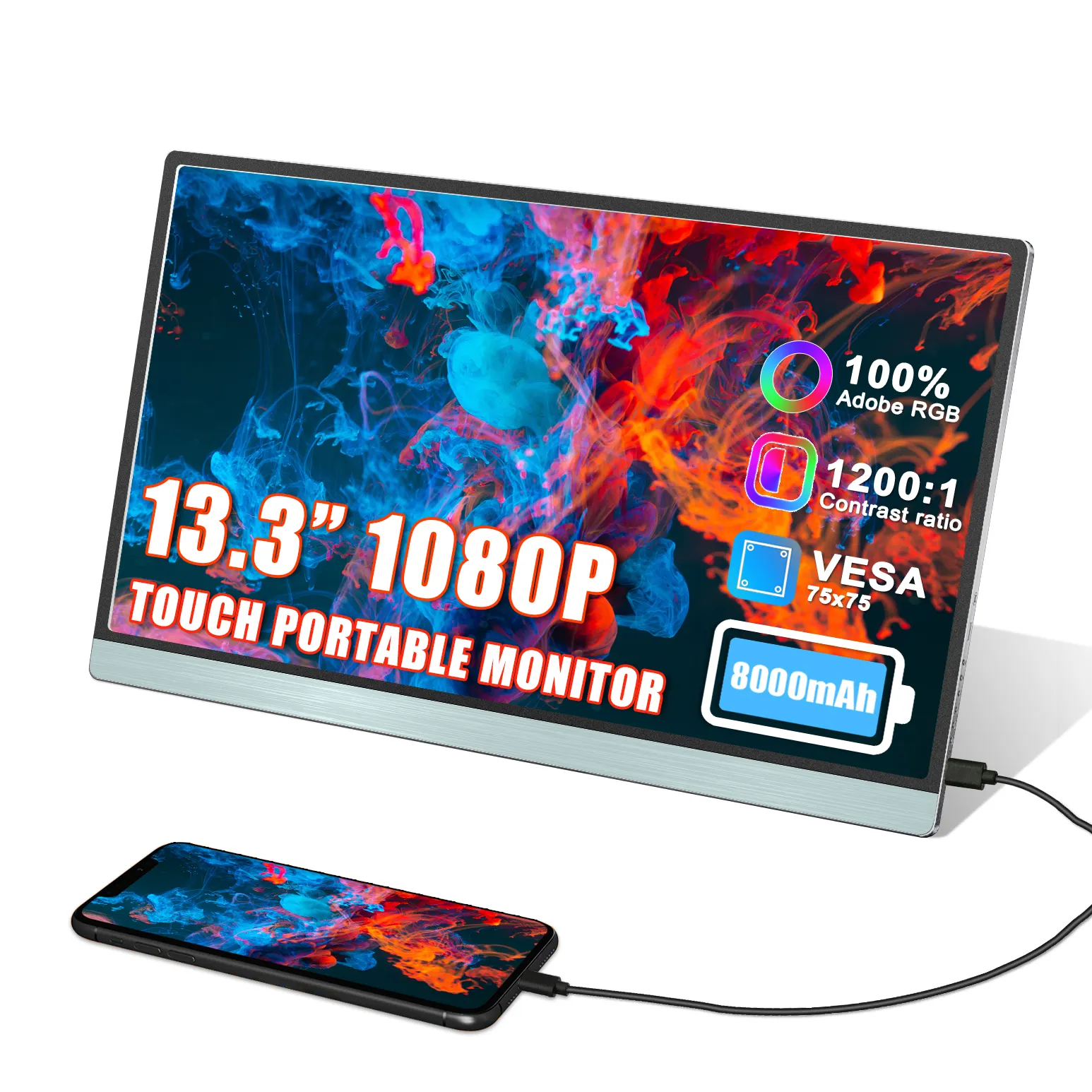 Foto Video Editing 13.3 Inch 100% Srgb 1200:1 USB-C Draagbare Touch Screen Monitor Reizen 13 Inch Tweede Monitor Voor Laptop