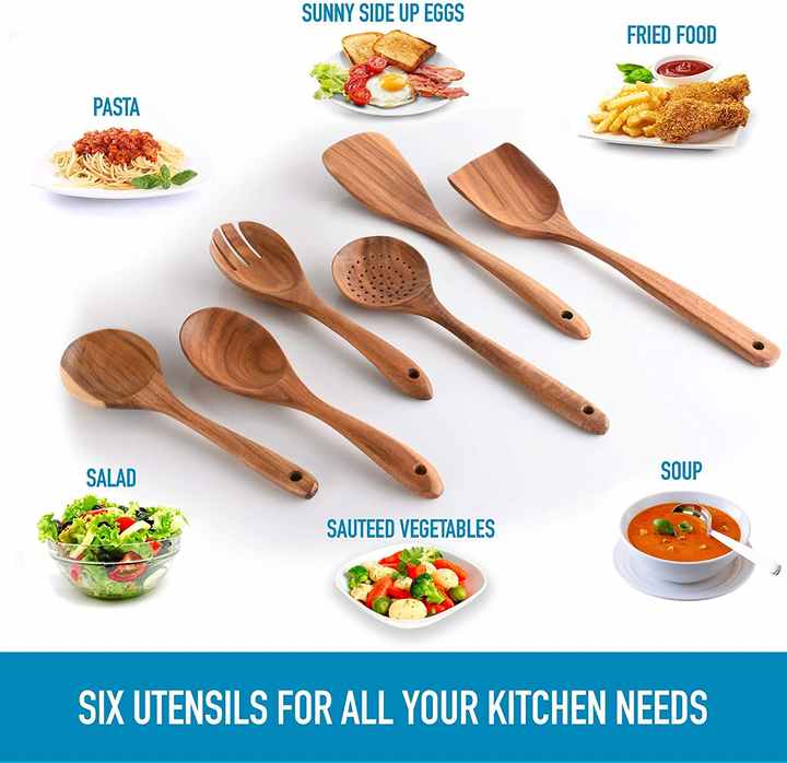 Set peralatan memasak dapur, peralatan kayu alami sendok dan spatula sendok kayu untuk memasak garpu Salad