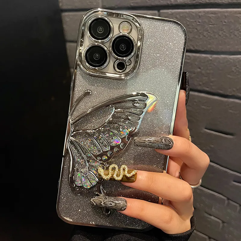 Capa de luxo para celular feminino, capa de filme de areia movediça com brilho e borboleta para o iPhone 15, 14, 13, 12, 11 Pro Max, com lentes de vidro