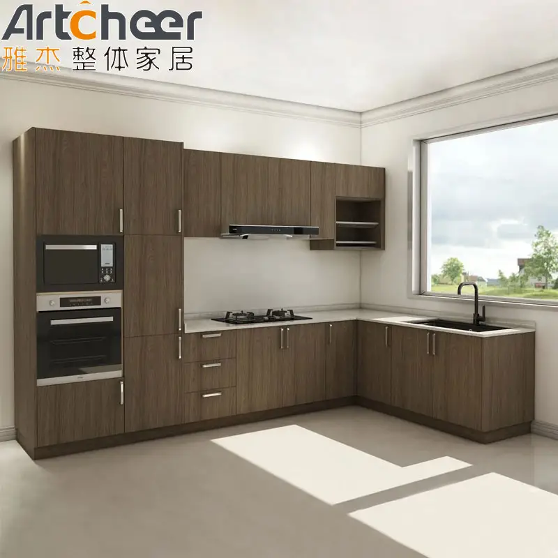Kitchen cabinets ready to assemble PVC Melamine modern Minimalist design with wall hang cupboard Quartz stone counter top