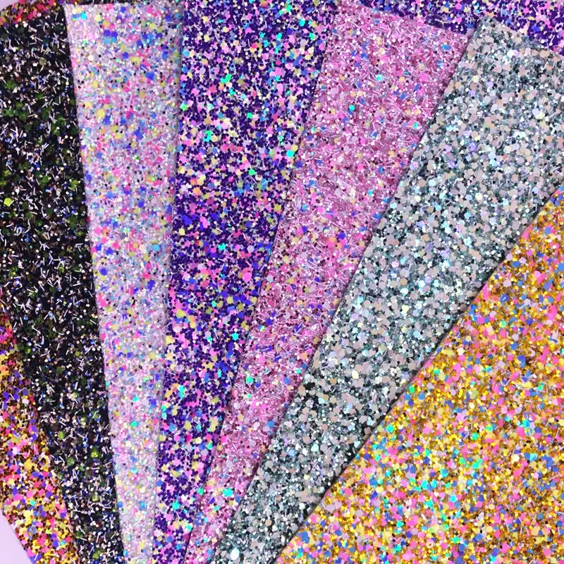 PU Chunky Glitter Vinyl Kain Kulit Glitter Lembar untuk Glitter Notebook Busur Kerajinan