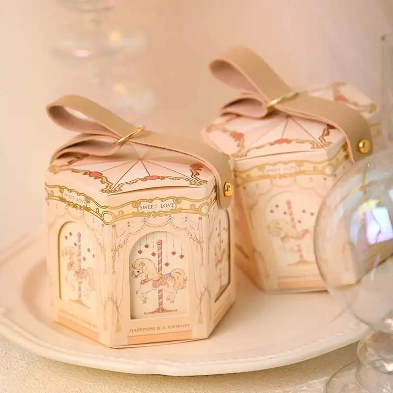 Vendita calda piccola scatola di caramelle da sposa rosa blu carosello confezione regalo di carta patinata scatole di caramelle dolci d'amore
