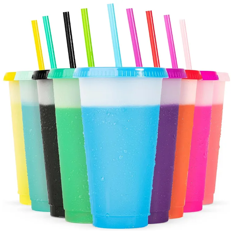 Wieder verwendbare Sommer kaffee Plastik becher Tasse kalte Farbe ändern kalte Getränke becher Plastik becher mit Deckel und Strohhalm
