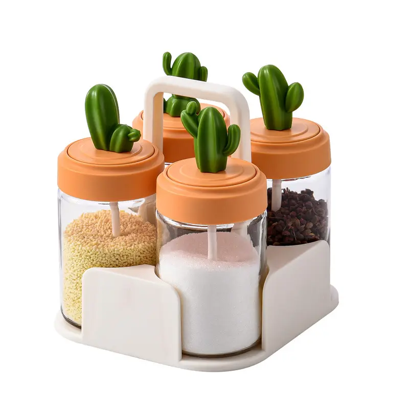 2022 nuovo Design di Cactus cucina condimento vaso agitatore di sale bottiglia di condimento combinazione Set con cucchiaio bottiglia di vetro condimento vaso