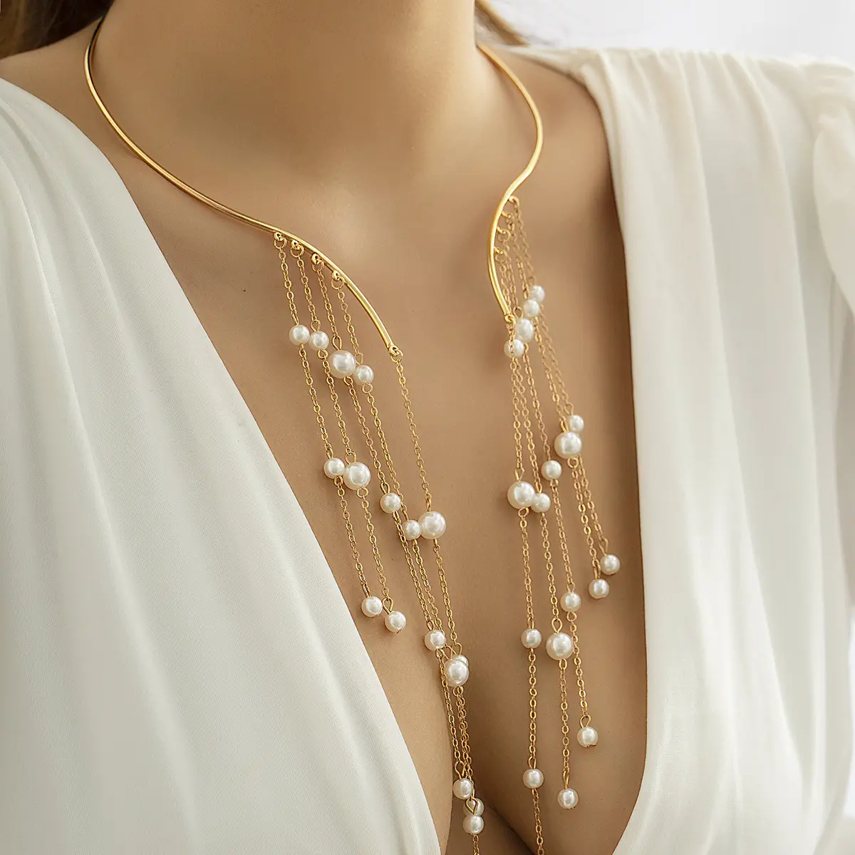 Fashion Jewelry Women Long Acrylic Tassel Necklace Open Pearl Chain Pendant Necklace