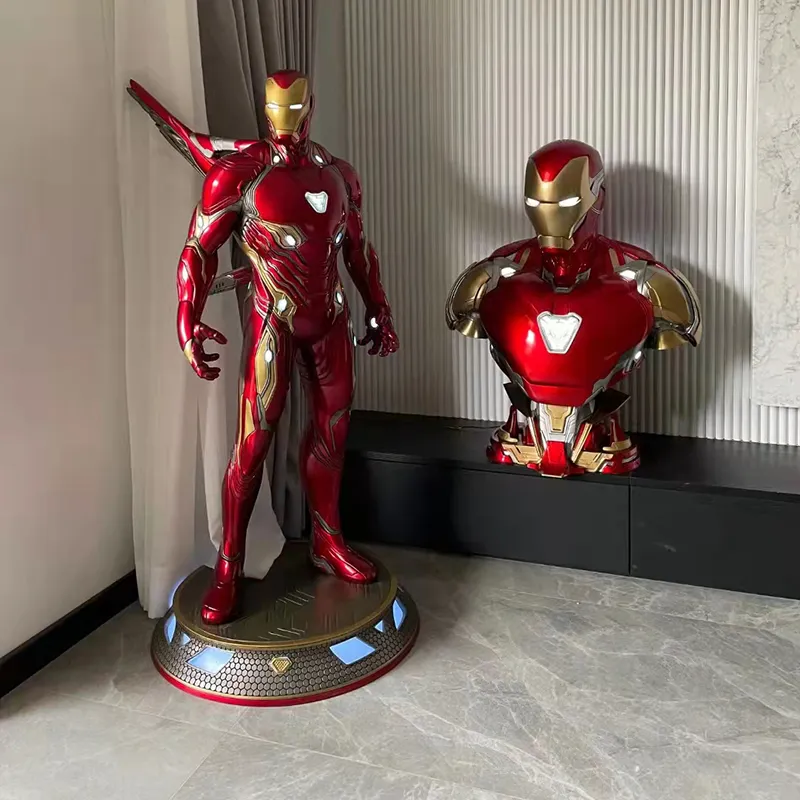 Famosa figura de película escultura Mark 50 fibra de vidrio tamaño real estatua de Iron Man con luz Led figura de Iron Man