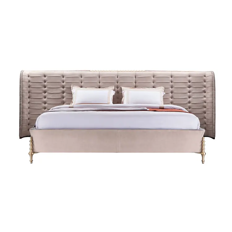 Grande tête de lit haut de gamme lit double avec éclairage Ensemble de lit en cuir de luxe personnalisé en acier inoxydable mobilier de chambre à coucher moderne