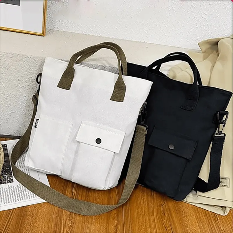 Bolsas De Compras Eco Bag Logotipo personalizado Lona Sling Estudiante Crossbody Hombro Algodón Bolsa de lona con bolsillo y cremallera