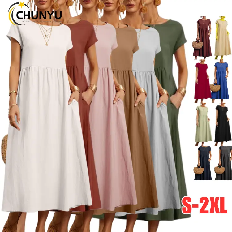 2024 Summer Cotton Linen Crewneck Short Sleeve Dresses for Women Loose Casual Beach Vacation Midi Dress with Pockets
