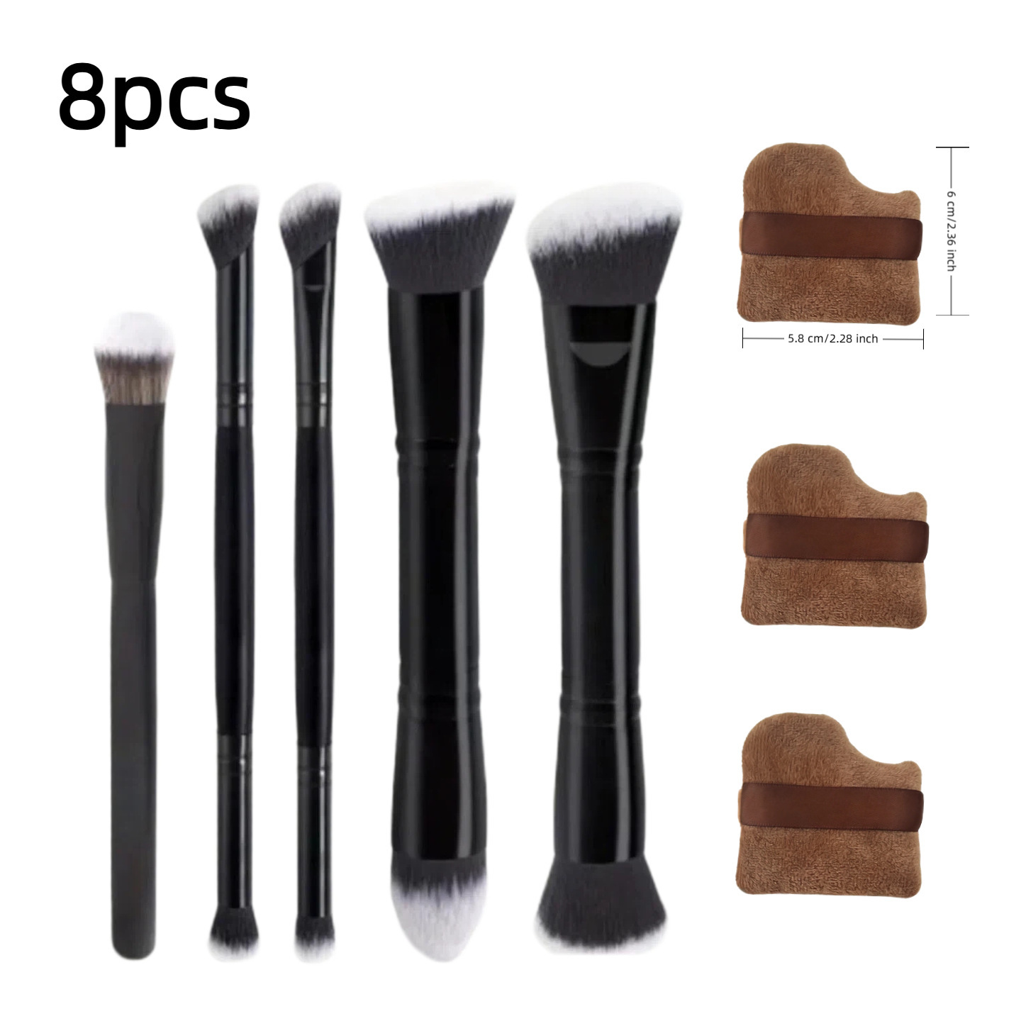 5 cepillos de doble cabezal - pelo negro/blanco, 3 borlas de curry