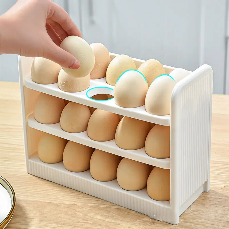 Bandeja organizadora de plástico para huevos frescos, contenedor con tapa de 3 capas, color blanco, para la nevera